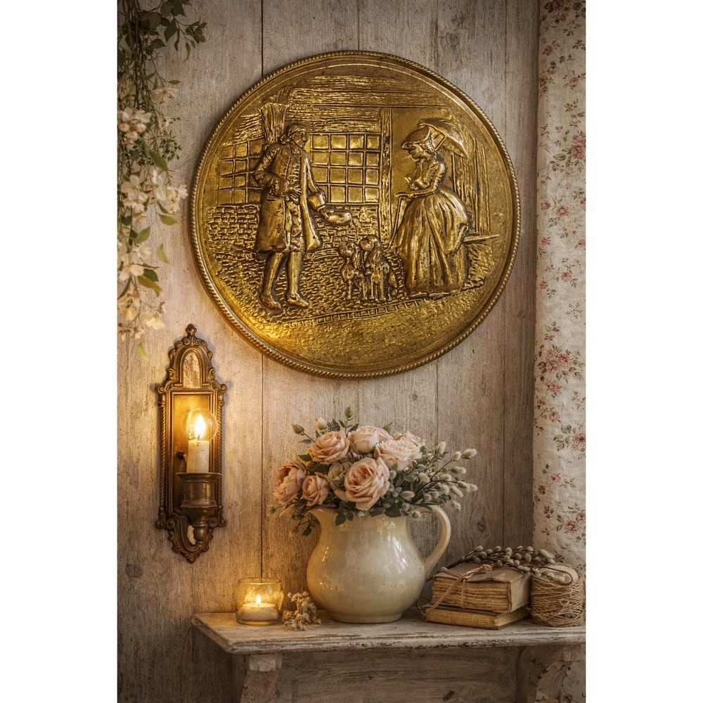 Vintage‎ Elpec England Embossed Brass Wall Plaque Colonial Scene 11.5 Inch Plate